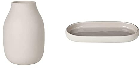 blomus -COLORA- Vase L aus Steingut, Moonbeam & SONO- Tablett aus Keramik, Moonbeam, Badezimmertablett in exklusiver Optik, Organizer, Deko, Schmuckaufbewahrung, Ablageschale Kosmetik