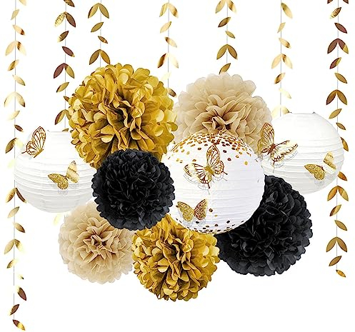 Gold Runde hängende Papierlaternen, Gewebepompons, Wabenball, Papier Schmetterlings Papierblätter Girlanden, 18-teilige Hochzeits-Geburtstagsparty-Dekorationen