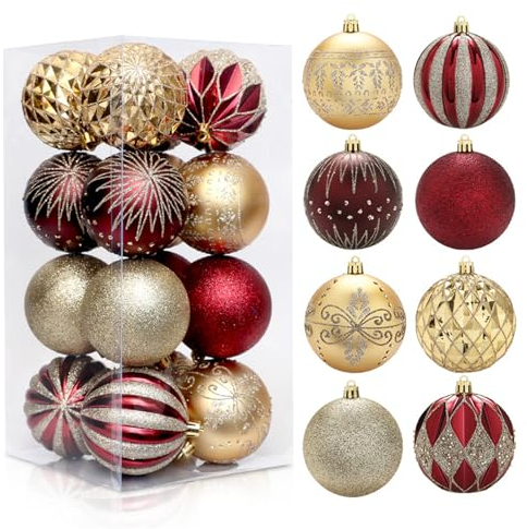 GLITZFAS Weihnachtskugeln 8cm 16 Stück, Kunststoff Christbaumkugeln Weihnachtsdeko Weihnachtsbaumschmuck mit Aufhänger Baumschmuck Weihnachten Deko Ornamente (Rot und Gold)