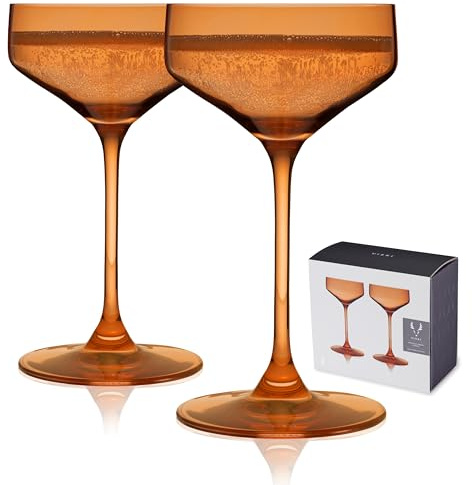 Viski Reserve Nouveau Amber Cocktail Crystal Coupe Colorful Martini Glasses-6.5oz Long Stem Glassware Set Set of 2, Orange