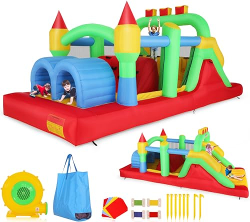 Whubefy Bounce House for Big Kids 8-12, 18 x 8.2FT Kids 3-6 Inflatable Obstacle Course w/Dual Tunnels, Large Slide, Climbing, Obstacles and Bounce Area Castle for Birthday Party, Fun Racing Game