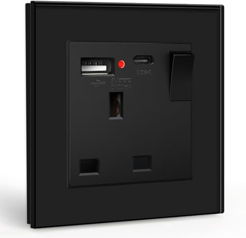 BSEED Single Switched Socket with USB C and USB A Charging Ports, UK Standard Electric Power Sockets with Glass Panel, 1 Gang Wall 13A Socket, Black
