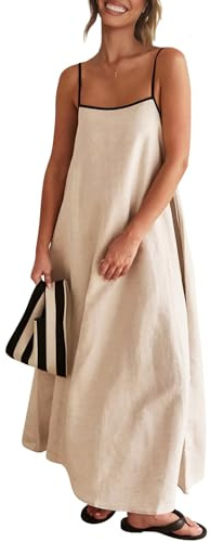 Senllen Women's Linen Dress Summer Loose Flowy Sundress Contrast Spaghetti Strap Sleeveless Backless Beach Maxi Long Dresses, Flaxen, XS