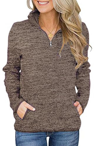 iWoo Vardaglig damtröja, långärmad, ståkrage, 1/4 dragkedja, mysiga toppar, pullover med två fickor, Kaffe, XL