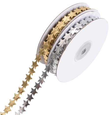 WANDIC 2 Rollos de Cinta en Forma de Estrella Dorada y Plateada de 10 m, Adorno para Envolver Regalos, decoración de árbol de Navidad, Hacer Coronas