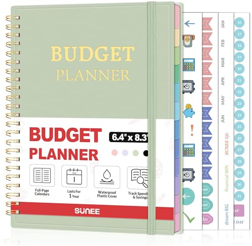 SUNEE Budget Planner - Monthly Budget Book with Expense Tracker Notebook, Undated 12 Month Bill Organizer & Finance Planner to Manage Your Money, A5(6.4 x 8.3) Account Book with Colorful Tab, Green
