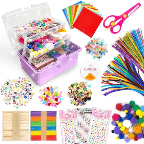 LINAYE 2500+Pcs Bastelset Bastelkoffer für Kinder,Bastelmaterial Bastelbox Gehören Pfeifenreiniger,Pompons,Scrapbooking Basteln Set Alter 4 bis 10 Geschenk für Junge Mädchen Bastelbedarf Lila