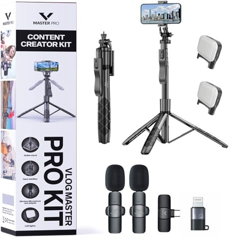 Vlogging Kit for iPhone, YouTube TikTok Podcast Video Recording Starter Kit for Content Creators, Equipment: Full Size Tripod, Phone Stabilizer, Shotgun Microphones & LED Lights