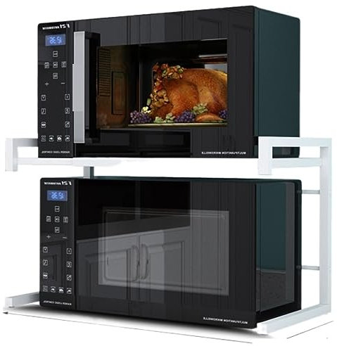 Soporte retráctil para microondas, estante de cocina con doble estante de metal, estante de almacenamiento de suelo blanco para microondas, soporte de impresora, color Siyah