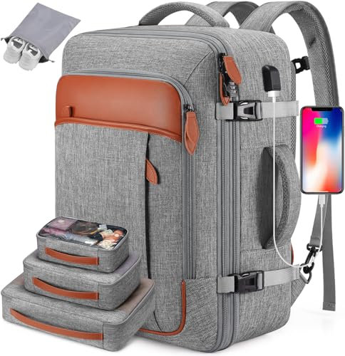 Roadcheer Handgepäck Rucksack Flugzeug, 42L Reiserucksack Herren Travel Backpack für 17 Zoll Laptop, Wasserdichter Reiserucksack Erweiterbarer, Carry On Luggage für Geschäftsreise & Arbeit (Grau-L)