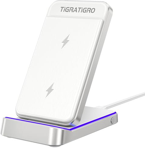 TigraTigro Caricatore Wireless 15W Qi Pieghevole, Ricarica Rapida per iPhone 16/15/14/13/12, Samsung Galaxy Google Pixel, Supporto Auricolari, Design Compatto (Argento)