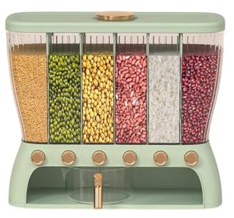 SiaBiced Cereal Holder with 6 Sections Clear Design Easy to Clean Airtight Grain Dispenser, green