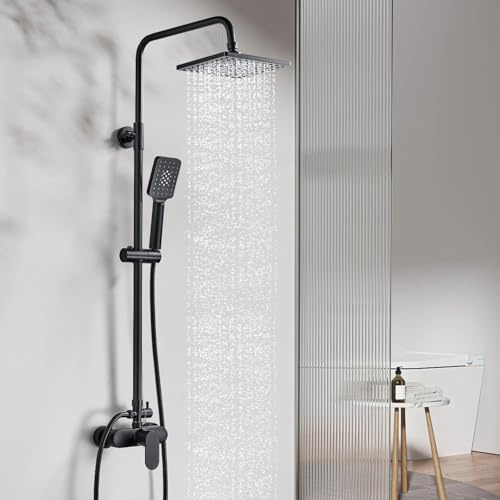Rehomthy Shower Mixer Set Black, Shower System with 21cm Rainfall Shower Head, 3 Jet Types Handheld Shower, Adjustable Height Shower Riser Rail Kit