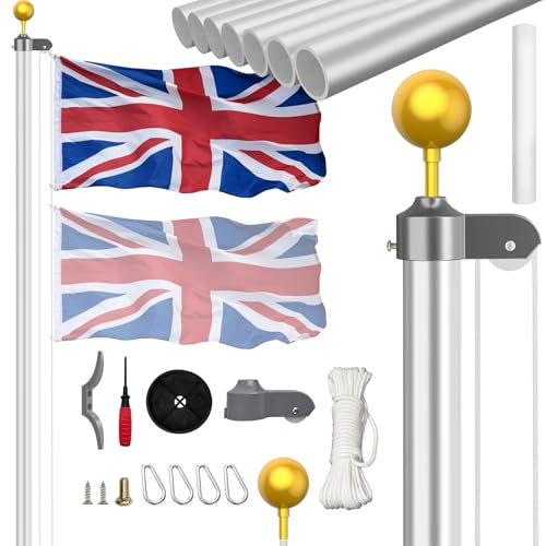 display4top 20FT Sectional Flagpole Kit with UK Flag, Heavy Duty Adjustable Aluminium Outdoor Flag Pole for Residential, Garden and Commercial Use