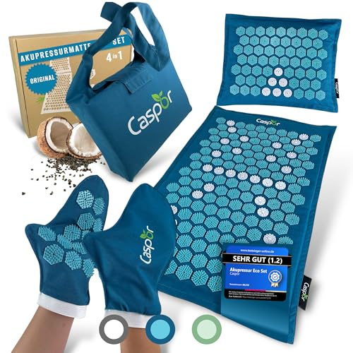 Juego de esterilla de acupresión con cojín (original), bolsa, guantes de masaje, esterilla de acupuntura de lino con fibras de coco, esterilla de acupresión, ayuda con tensiones, dolor de espalda