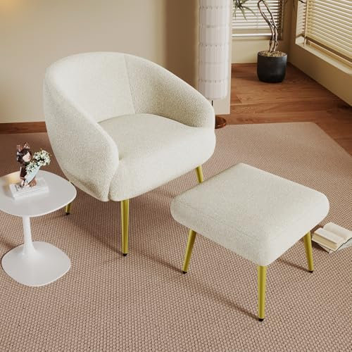 BTM Fauteuil de Salon avec Repose-Pieds, Fauteuil avec Pieds Dorés, Chaise Moderne Rembourrée en Sherpa, Conception Ergonomique, Dossier Confortable, Blanc