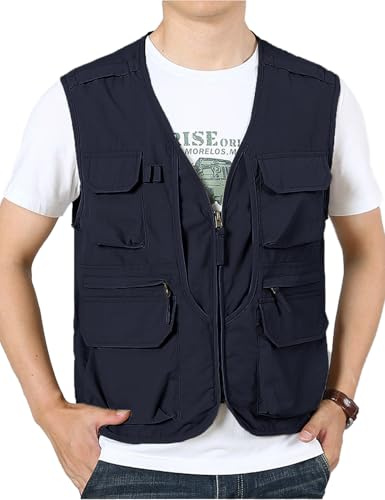 Sukany Gilet da pesca da uomo estivo da safari, da viaggio, cargo, lavoro, tiro, militare, leggero, senza maniche, gilet avventuriero, multi tasche, Blu, S