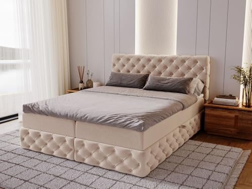 GRAINGOLD Canolo Lit 180x200, Boxspring avec Coffre de Rangement, Rembourré avec Matelas à Ressorts Bonell, Lit Double, Tissu en Velours, avec Surmatelas, avec Tête de Lit (Beige, 180x200)