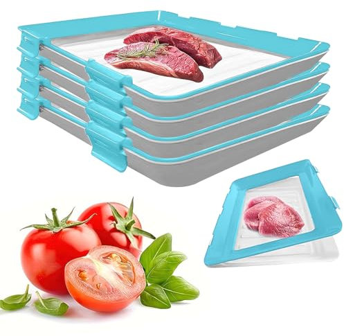 YSINOBEAR Vacuum Fresh Storage Tray,Reusable Creative Food Storage Container, 12x8.6 Stackable Food Preservation Tray with Elastic Lid with Buckle for Vegetable Fruit Meat Fish (4pcs/C)