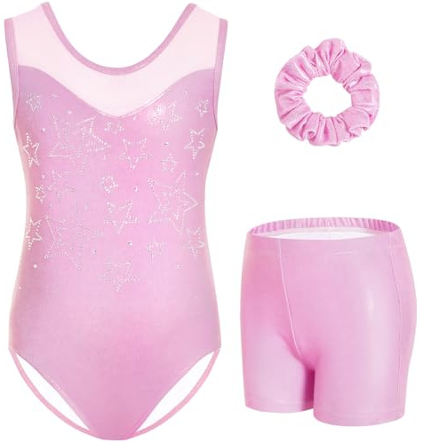 Gogokids Justaucorps de gymnastique sans manches en strass, 3 pièces, pour fille, avec short et bandeau, encolure en maille, justaucorps de gymnastique pour fille de 3 à 12 ans, idéal comme cadeau
