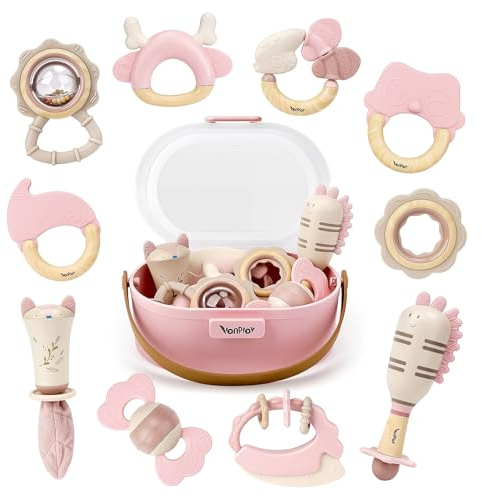 Baby Girl Baby Toys 0-6 Months Newborn Essentials 10pcs Rattles Teething Sensory with Storage Box(Pink)