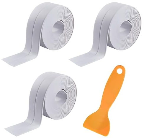 3 Roll Bath Sealant Strip Self-Adhesive,Waterproof Caulk Strip White Sealing Tape for Bathroom,Kitchen,Bathtub,Toilet,Wall Floor,with Sealing Tool,3.2Mx3.8CM Wide,Easy Installation
