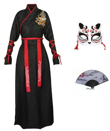 CRFASIBE Set Hanfu Donna, Costume Tradizionale Cinese, Hanfu Abito Ricamato, con Maschera e Un ventaglio Pieghevole, Ideale per Cosplay, Feste, spettacoli(Stile B)