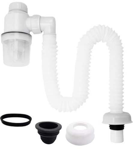 1/4 Zoll Siphon, Raumsparsiphon für Waschbecken, flexibler Siphon mit 360° Drehung, Geruchsverschluss, für Bad, Küche, Waschtisch und Waschmaschine, Abflussrohr verstellbar und platzsparend, Weiß