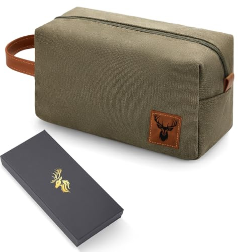 Jadive Kulturtasche für Herren Vater Opa Hirsch Logo Reise Kulturbeutel Geschenk für Jäger Männer Wasserabweisende Tasche mit Segeltuch und Schwarze Geschenkbox für Vatertag Zubehör Outdoor Kletter