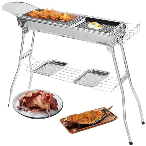 Griglia per barbecue in acciaio inox, portatile, pieghevole, con prese d'aria su due lati, per picnic all'aperto, campeggio, giardino e feste di cucina a casa