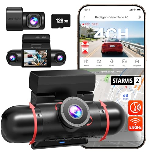 REDTIGER a 4 Canali Dashcam Auto con Visione a 360°,Doppia STARVIS 2,2,5K*2+1080P*2 Anteriore e Posteriore interna sinistra destra, WiFi 5,8 GHz,8 Luci IR per Visione Notturna, 4 obiettivi Regolabili,