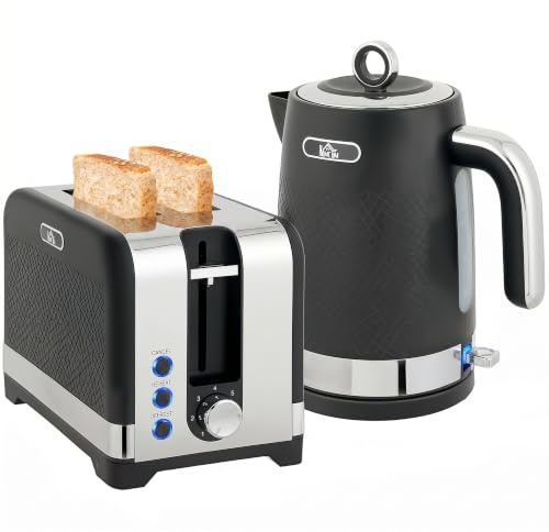 HOMCOM Kettle and Toaster Set 1.7L 3000W Jug Kettle 2 Slice Toaster Black | Rapid Boil, Otter Thermostat, Limescale Filter, 7 Browning Controls, Crumb Tray