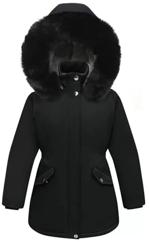 Parka con forro polar para niñas adolescentes, acolchada, de piel sintética, con capucha, para niños, lisas, aislantes, impermeables, con bolsillos, chaquetas gruesas y cálidas, Negro, 13-14 años