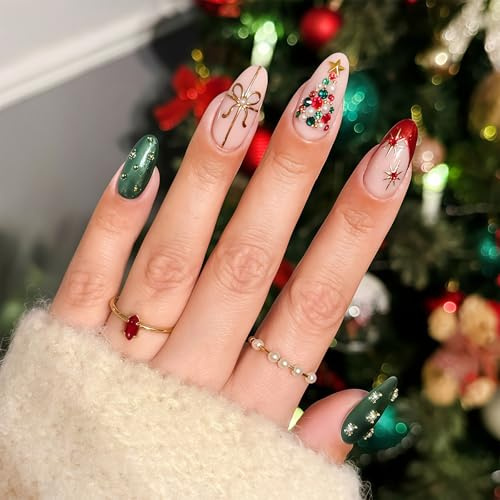 Auroriel 24 Pièces Ongles Pressés Artisans Hiver Noël avec Cristaux 3D Noeud Doux Brillante Manucure Française Forme Amande Pour Femmes Fêtes