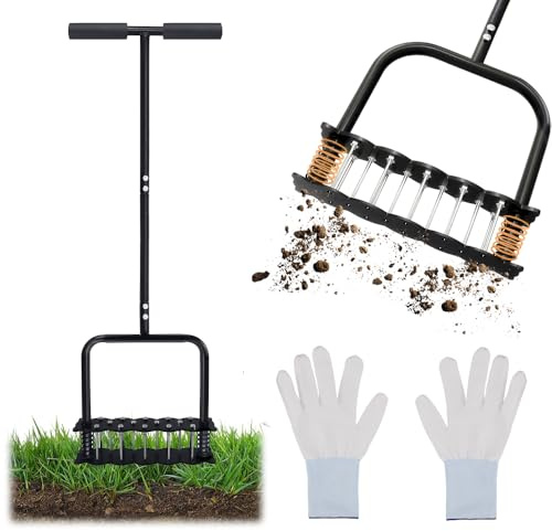 SGZIOO Aeratore per prato con manico a T, design automatico per pulire lo sporco e le foglie, aeratore manuale per prati con 15 punte