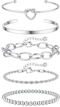 Morfetto 5 Stück Armband Damen Gold - 14K Vergoldet Armbänder Set Damen Wasserfest Charm Armband, Edelstahl Layered Stapelarmbänder mit Armreif 16,5-21,5 cm Verstellbar