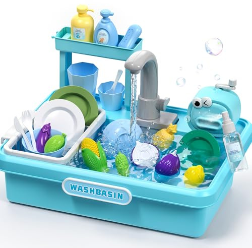 Water Sink Toy for Kids,Kitchen Sink Set with Running Water,Outdoor Play Sink with Automatic Water Cycle System,Pretend Role Play Toys for Girls Boys,Gifts for Kids 3-5