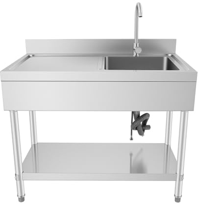 Évier de cuisine en acier inoxydable 1 bac droit autoportant, évier simple avec robinet, surface d’égouttage, panier filtrant, tuyau de vidange, évier autoportant pour cuisine, restaurant, extérieur