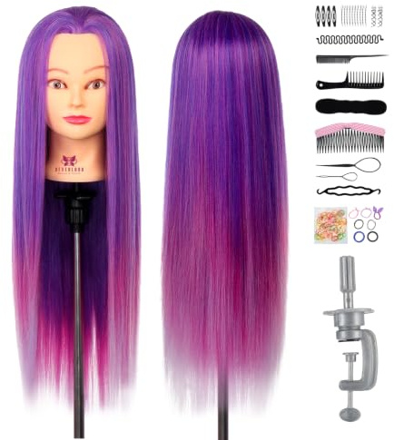 28 Hair Training Head Practice Mannequin Head with Colorful Hair | Hairdressing Head Dummy Practice Hair Styling Mannequin with Table Clamp Stand Hair Hairstyles Set(Dreamy Purple)