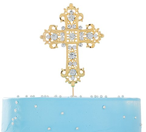 LOVENJOY Croix Gâteau Décoration Strass Cristal Baptême Cake Topper pour Mariage Religieux Baptême Confirmation de Première Communion Doré