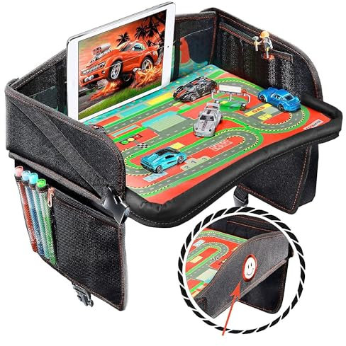 Coolmum Kids Travel Tray, Toddler Car Seat Tray, Double Sided Activity Organizer, Snack Lap Tray, Baby Stroller Table, Airplane Play Table, Waterproof and Foldable (Premium Black)