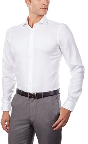 Calvin Klein Men's Non Iron Stretch Slim Fit Unsolid Solid Dress Shirt Shirt, White, 15.5 Neck 34-35 Sleeve