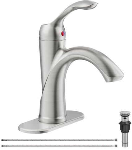 BATHLAVISH Bathroom Sink Faucet Brushed Nickel Single Handle One Hole Vanity Satin Sink with Pop Up Drain Assembly Bath with Overflow Stream Basin Mixer Tap Lavatory Commercial Supply Line