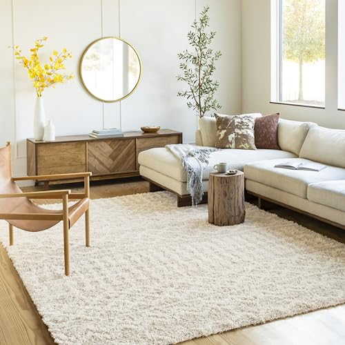 Livabliss Dubai Shaggy Rug - Modern Berber Rugs Living Room, Large 130x170 cm, Soft Shaggy Rugs for Bedroom - Neutral Boho Fluffy Rug, Easy Care Plush Thick Pile - Cream and Light Beige