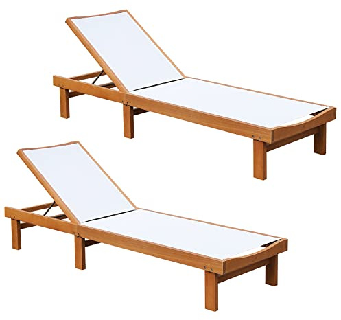 Tangkula Outdoor Wood Chaise Lounge Chair, Patio Chaise Lounger with 5-Position Adjustable Back, Eucalyptus Wood Reclining Lounge Chair with Breathable Fabric for Poolside Lawn Backyard (2, White)