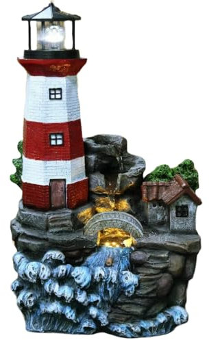 GEEZY Garden Water Feature – Lighthouse Fountain with LED Lights – Mains Powered, Self-Contained, Indoor & Outdoor – Easy Setup, Cascading & Tranquil – Great for Garden, Home, Patio & Balcony Decor