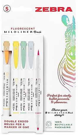 Zebra Pen Mildliner Double Ended Brush Pen, Brush and Super Fine Point Tips, Assorted Fluorescent Ink Colours, 5-Pack