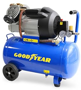 Goodyear - Compresor de Aire 50L, 3HP (2.2KW), 10 Bar, Caudal 356 L/min, Motor de Inducción con Doble Pistón, Lubricado por Aceite, Incluye Doble Manómetro y Ruedas con Eje Metálico