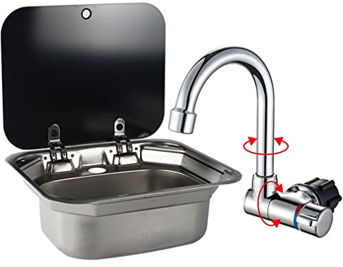 E EZEXPREZE RV Sink Stainless Steel Kitchen Hand Wash Basin Sink with Folded Faucet Tempered Glass Lid Washbasin for Camper Trailer Caravan (Sink with Faucet U)