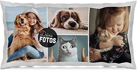 Print Royal XXL-Kissen mit Fotocollage selbst gestalten - mit 4 Fotos Personalisieren - Geschenk für Freunde und Familie | Weiß Polyester, inkl. Kissenfüllung, 80x40cm